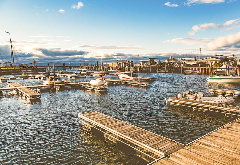 Boats docked at the Burlington, Vermont waterfront