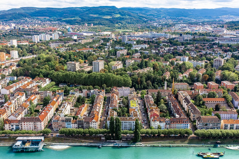 Aerial view of Basel from the Roche Tower, the tallest building in Switzerland.