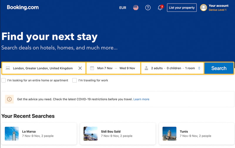 Booking.com homepage one of the largest online travel agencies