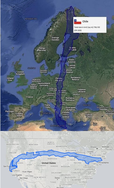 Maps showing size comparisons between Chile and the USA and Europe