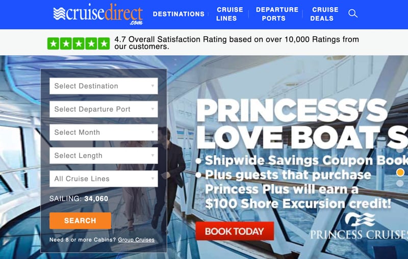 CruiseDirect homepage is a top website to book a cruise