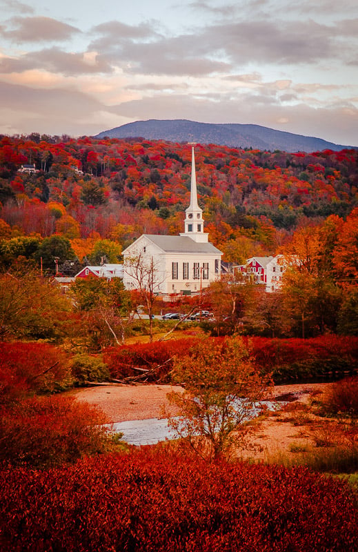 Downtown Stowe covered in fall colors.