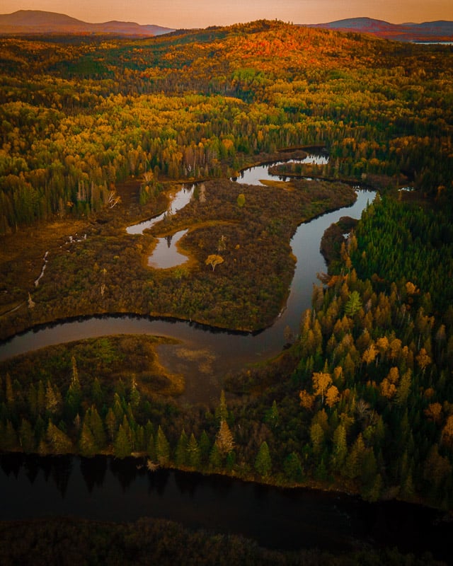 Aerial view of river winding through autumn forest, vibrant fall colors on trees, peaceful nature scene