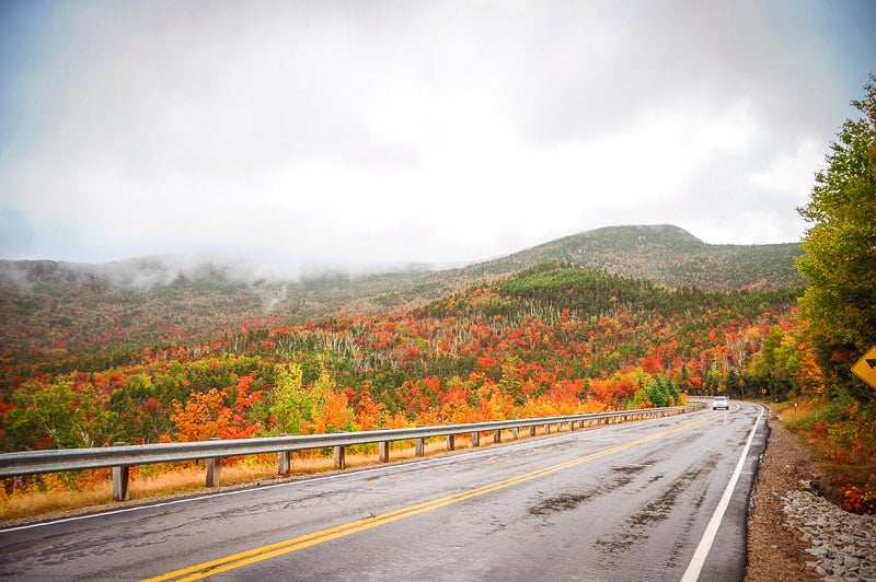 A scenic road surrounded by colorful autumn foliage and majestic mountains in the background
