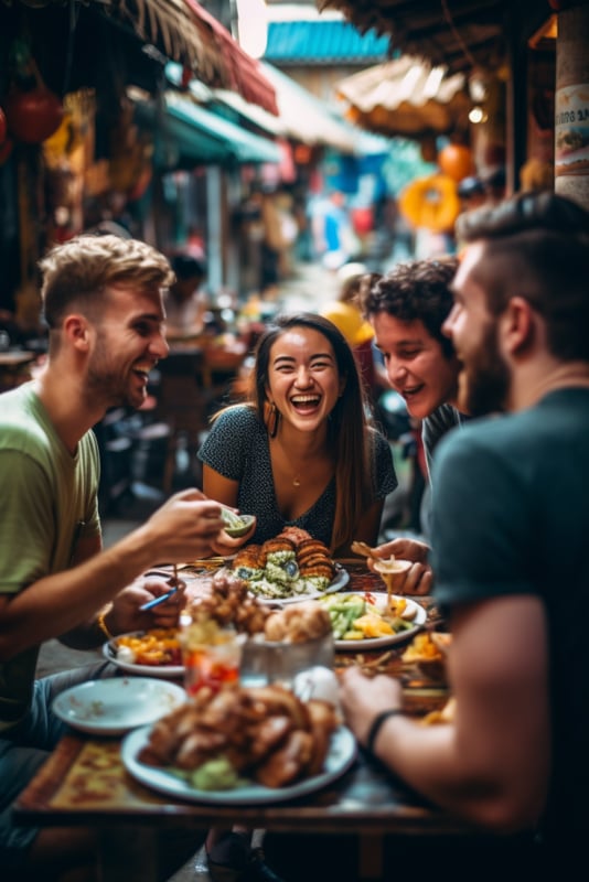 A group of happy friends discussing how to save money for travel