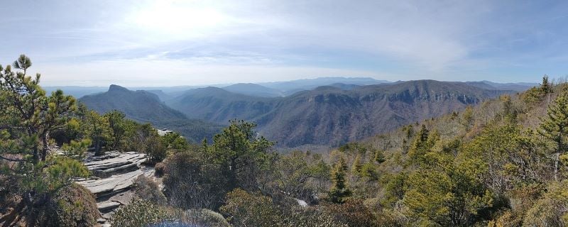 A winding trail through Hawksbill Mountain, showcasing lush greenery and a clear blue sky in the background