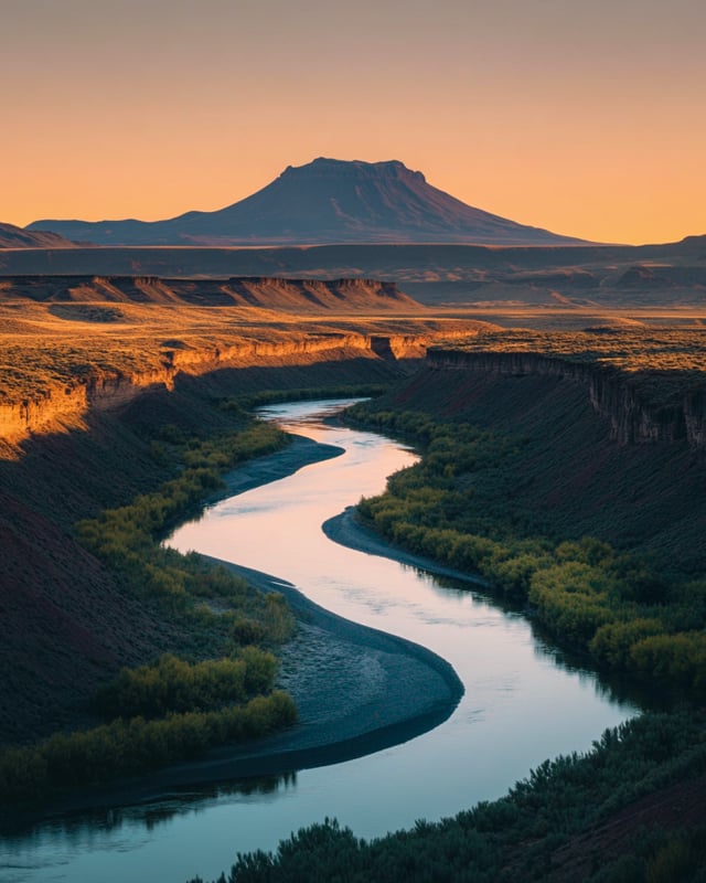 Leading lines with a winding river and a mountain