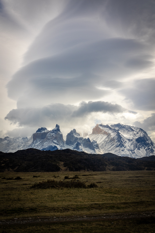 Lenticular clouds over the mountain peaks in Torres del Paine National Park