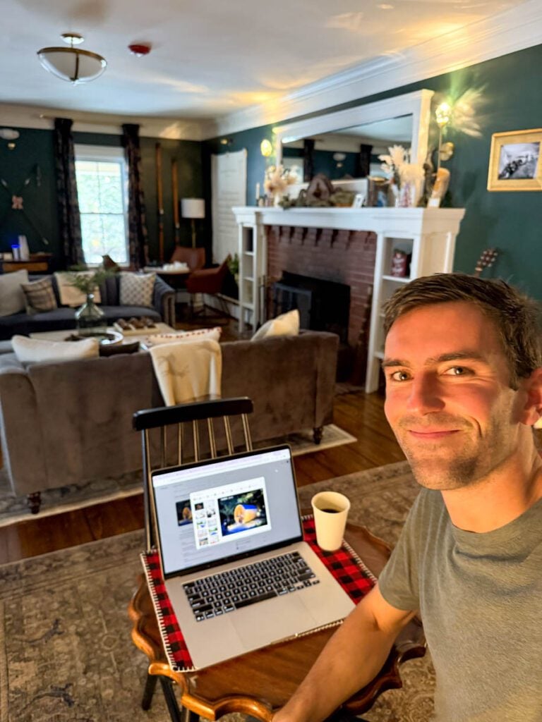 Me researching my favorite travel sites during my recent trip in New Hampshire