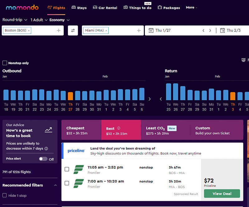 Momondo flight dashboard