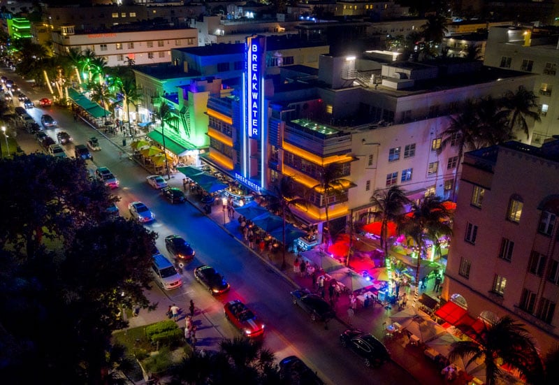 Ocean Drive illuminated by vibrant neon lights and nightlife