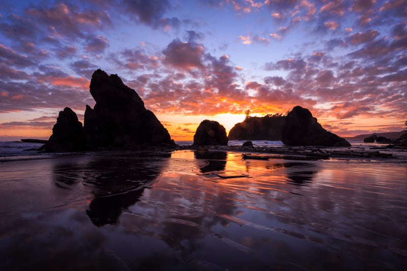 A breathtaking sunset at the beach, with rocks