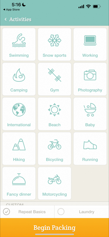 Packing list suggestions from the mobile app