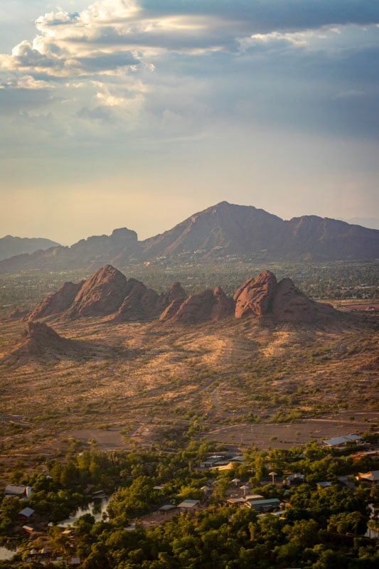 Papago Park features the Desert Botanical Garden, Phoenix Zoo, easy hiking trails, and beautiful desert scenery.