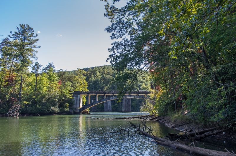 Scenic view of Tallulah Gorge river, forest, and fall colors blending harmoniously
