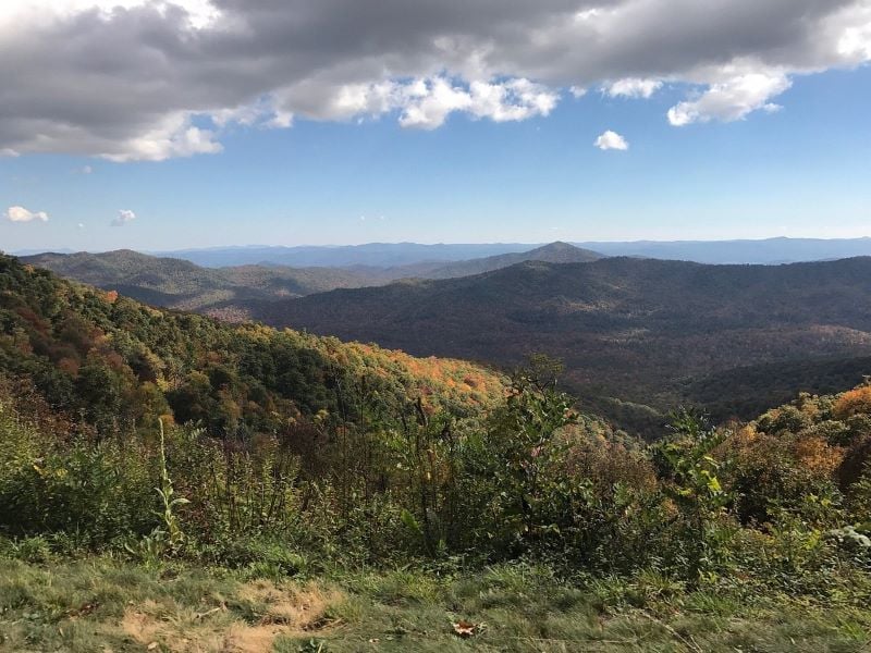 A picturesque view of The Blue Ridge Parkway, showcasing its winding roads and lush landscapes