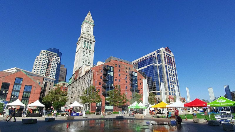 The Rose Fitzgerald Kennedy Greenway urban oasis with lush parks, art installations, and pathways