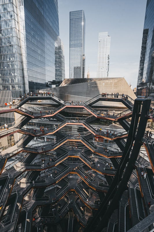 The Vessel is a honeycomb-like structure with staircases and platforms that offers a unique skyline view.