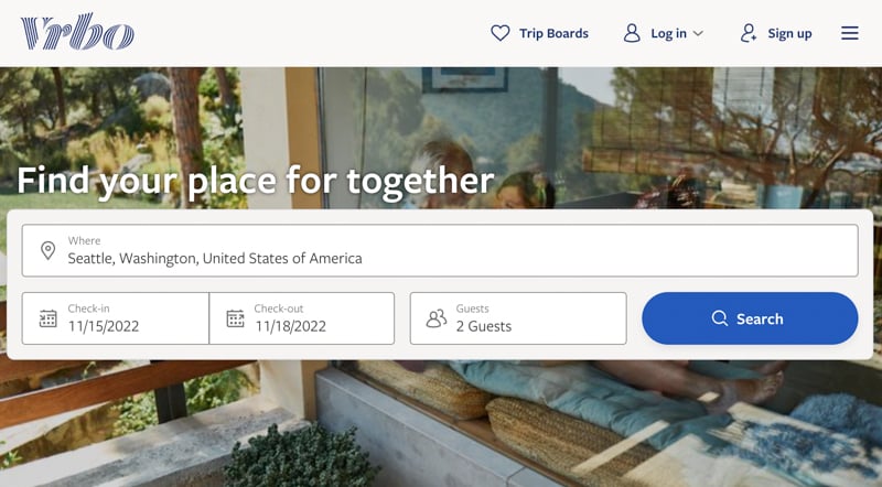 Vrbo homepage is an online marketplace for vacation rentals