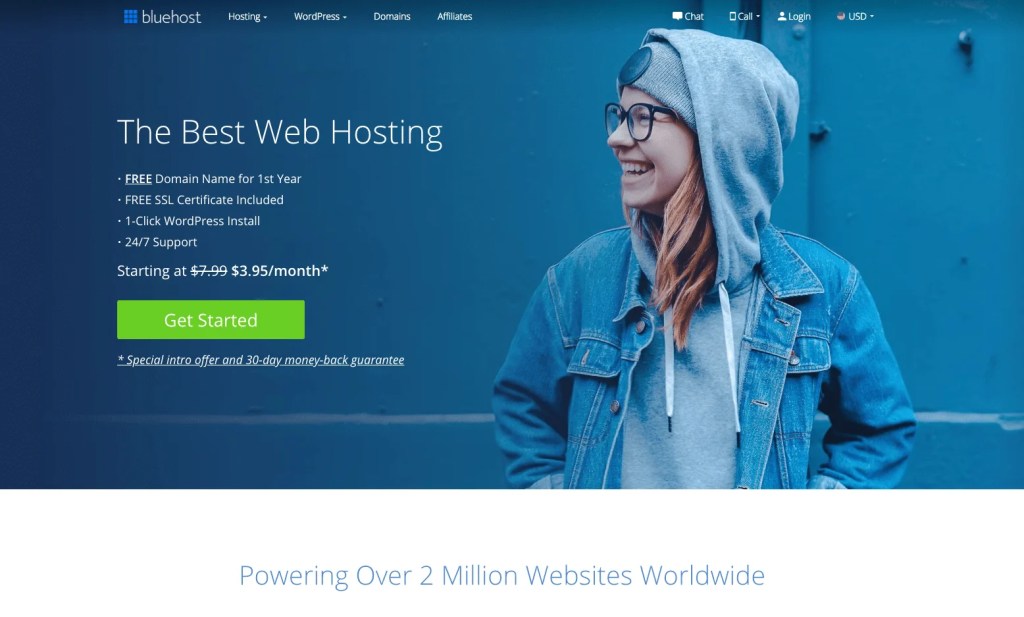 Homepage of Bluehost website