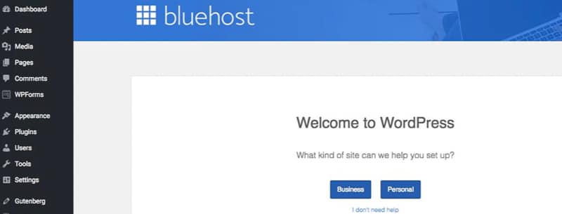 Wordpress dashboard with Bluehost installed
