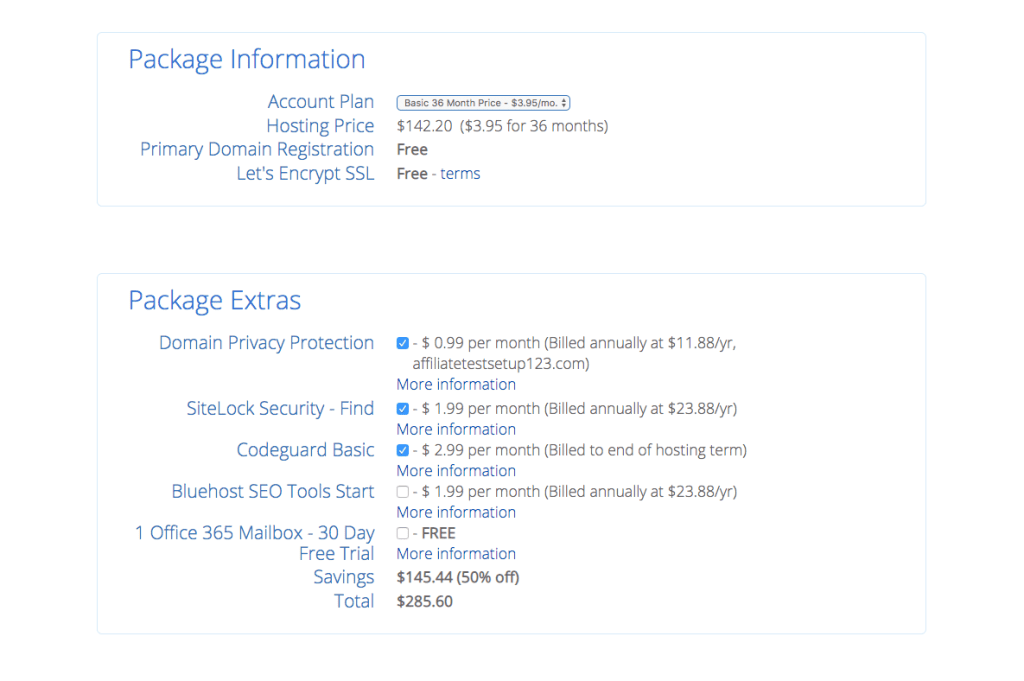 The package information and extras in Bluehost