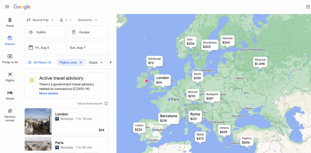 Google Flights search page.