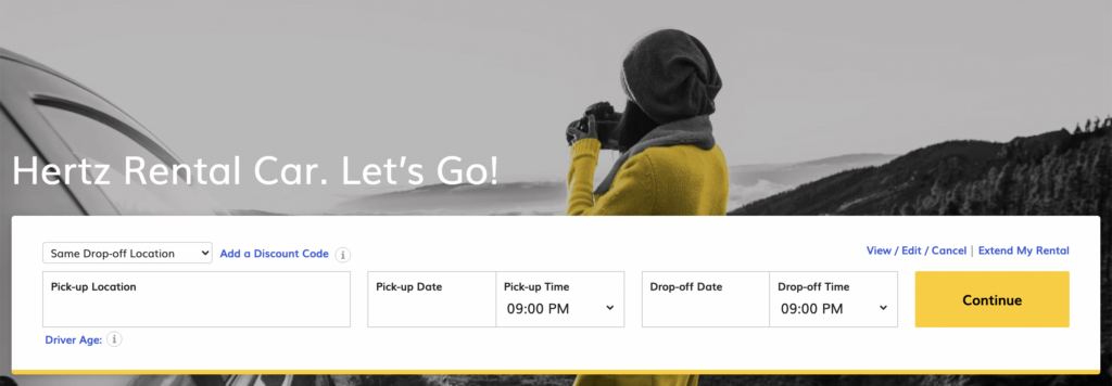 Hertz best travel site for car rentals, home search page.