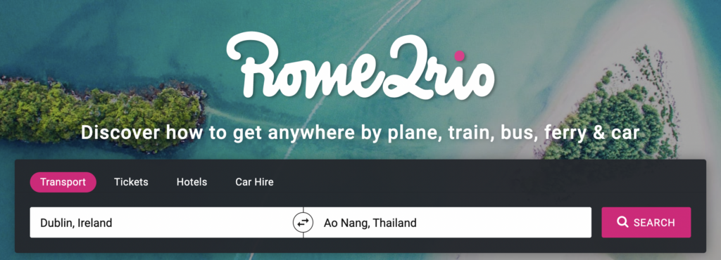 Rome2Rio homepage, an online multimodal transport journey planner